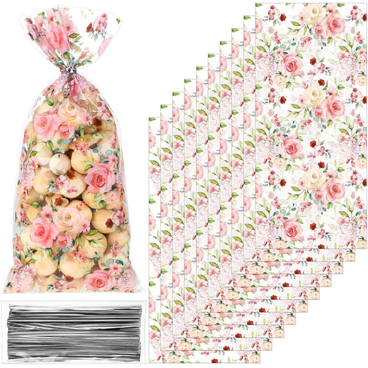 Outus 100 Pieces Eucalyptus Party Cellophane Treat Bag Floral Candy Bags for Baby Shower Wedding Bridal Shower Supplies Favors Decorations Birthday Theme Greenery Floral Graduation Decor (Flowers)