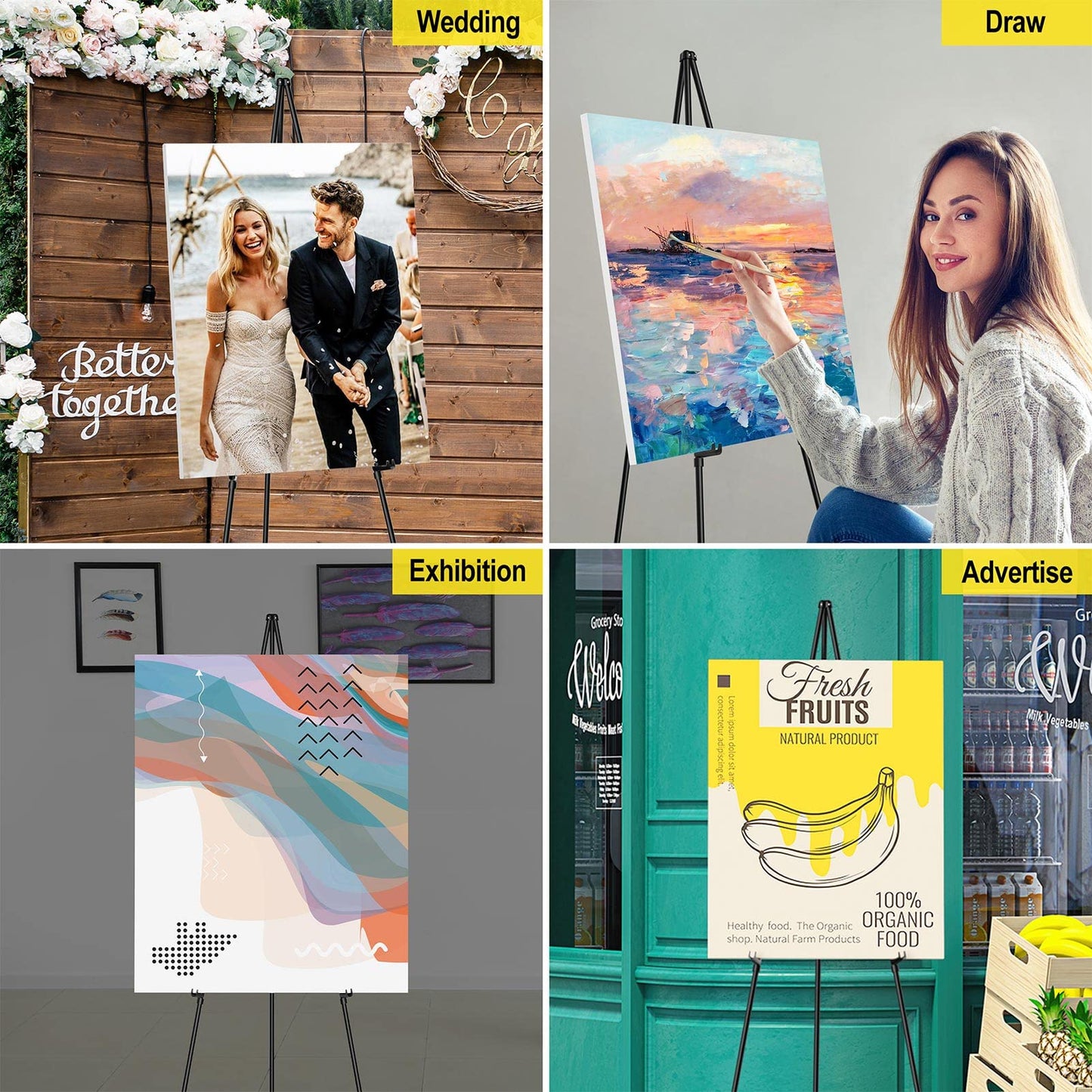 SunyesYoon Display Black Easel Stand for Wedding Sign - Artist Instant Tripod Collapsible Portable Floor Easel for Posters- 63" Adjustable Easy Folding Metal Stand for Display Show, Arts, Painting