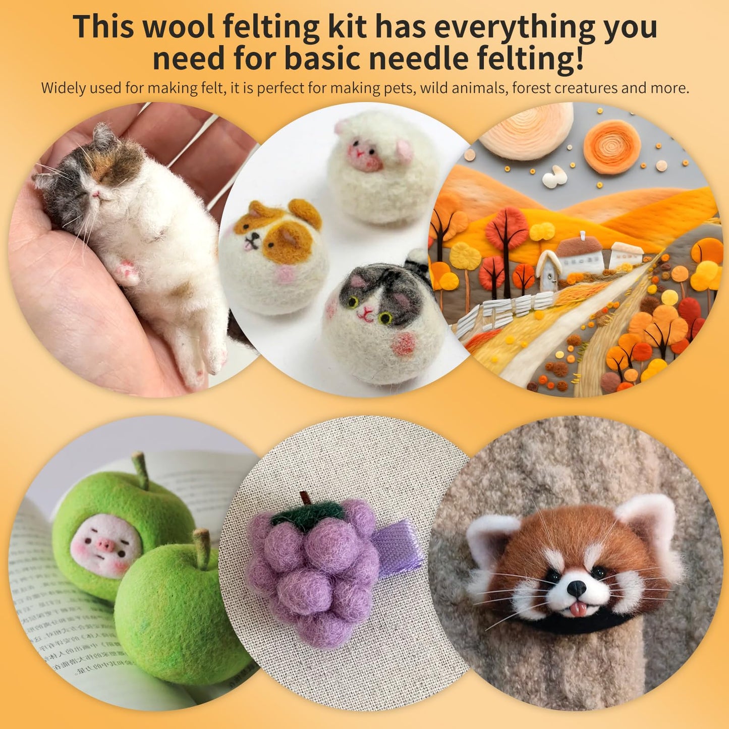 Needle Felting Kit, 24 Colors Wool Roving (5g/Color), Complete Needle Felting Starter Kit with Needle Felting Supplies Wool Fibre Spinning Craft Felting Kits for Beginners