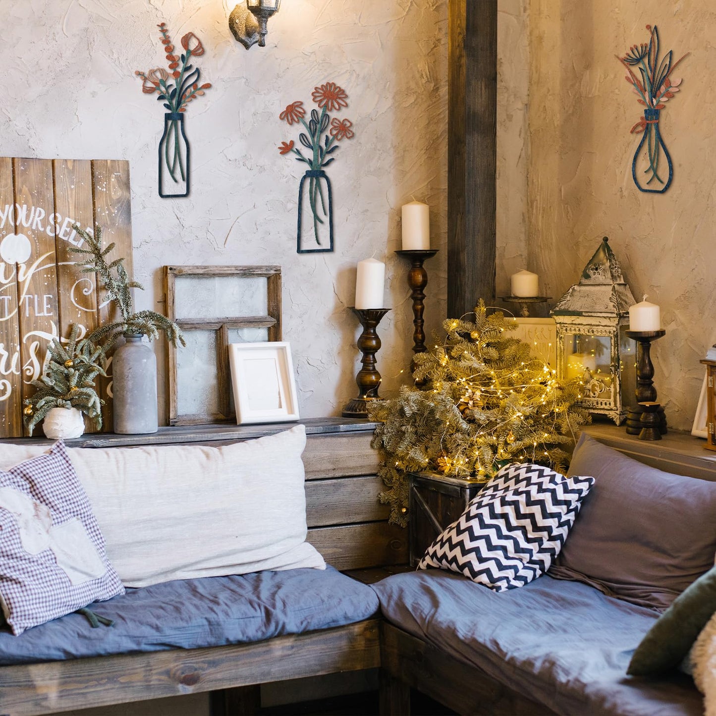 3 Pieces Metal Flowers Wall Arts - Rustic Farmhouse Decor Minimalist Flower Wall Decors for Living room Bathroom Bedroom Dining Room-Housewarming Gifts