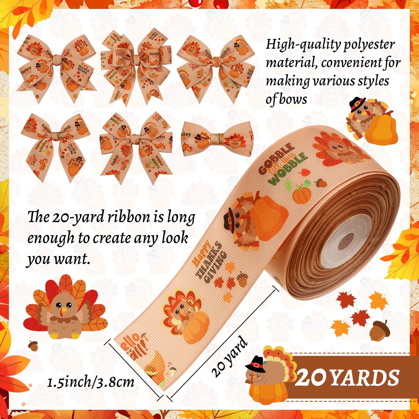 Chuangdi Turkey Print Ribbon 1.5 Inch 20 Yards Grosgrain Fall Ribbon Craft for Thanksgiving Party Decor Hair Bows Headbands Making and Craft Wrapping
