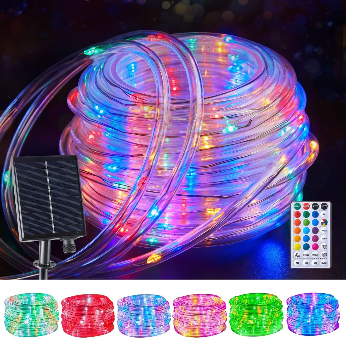 Brightown Solar String Lights Outdoor Waterproof, 18 Colors Changing 39FT Fairy Rope Light Solar Powered with Remote, 100 LEDs Multicolor Trampoline Light Rope Lighting for Outside Christmas Party