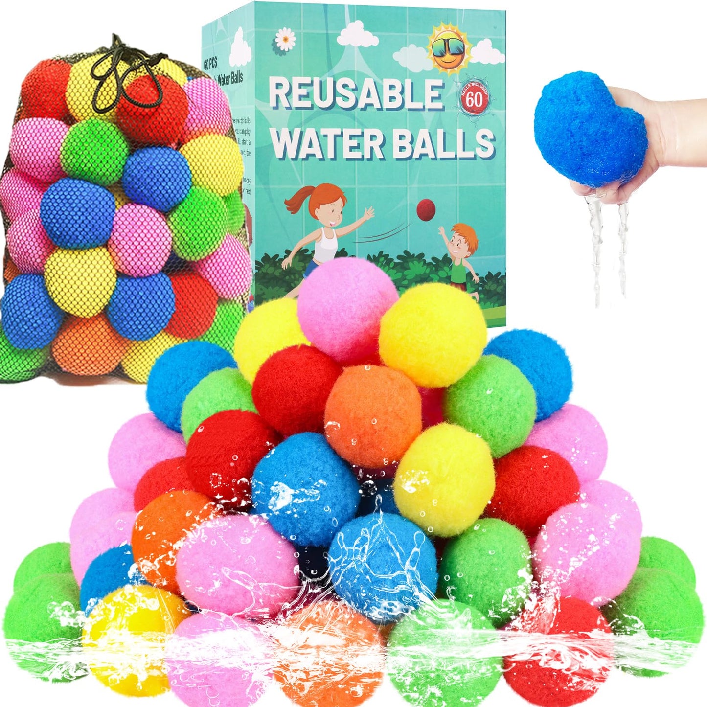 BEFANS 60 Pcs Reusable Water Balls, Reusable Water Balloons for Outdoor Toys and Games, Water Toys for Kids and Adults Boys and Girls - Summer Balls for Pool and Backyard Fun
