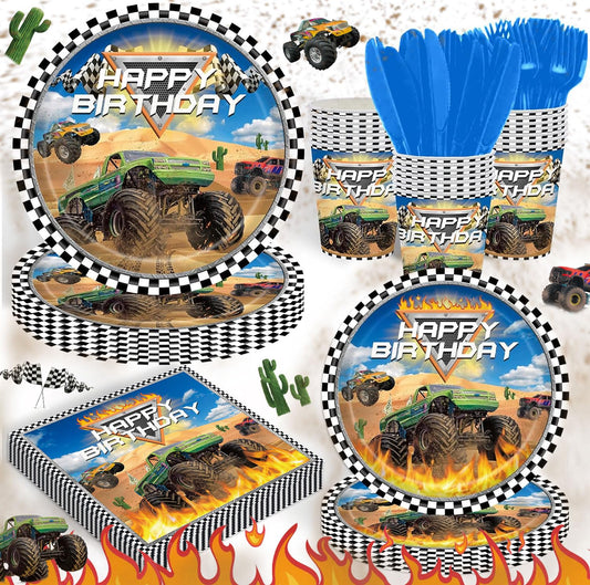 120PCS Monster Truck Party Supplies for Kids Boys 1st 2nd Birthday Party Decorations Monster Car Bday Party Disposable Tableware Set Plates Napkin Cups Set for 20 Guests