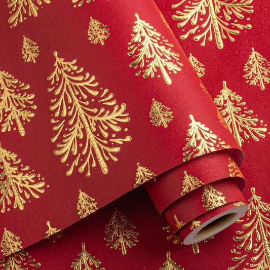 Kraft Christmas Wrapping Paper,Red and Gold 3D Embossed Foil Christmas Trees with Woodlands Wrap Paper for Holiday, Party,Celebration, New Year (17 Inch X 32.8 Feet)
