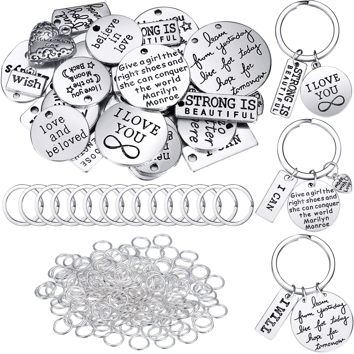 Hicarer 259 Pieces Inspirational Motivational Keychains Charms Bulk Inspirational Words Charms with Open Jump Key Rings for Various DIY Necklaces, Bracelets