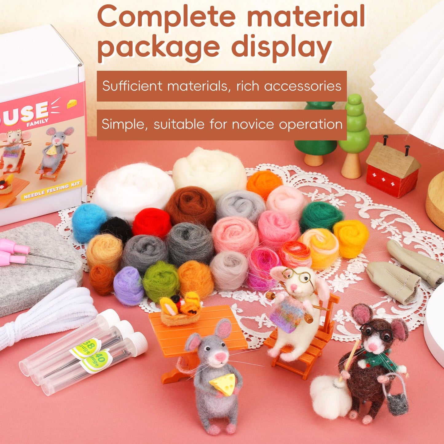 Mouse Family Needle Felting Kit,Needle Felting Starter Kit, Mice Felting Kit for Beginner Adults with Felting Supplies and Instructions for DIY Felting