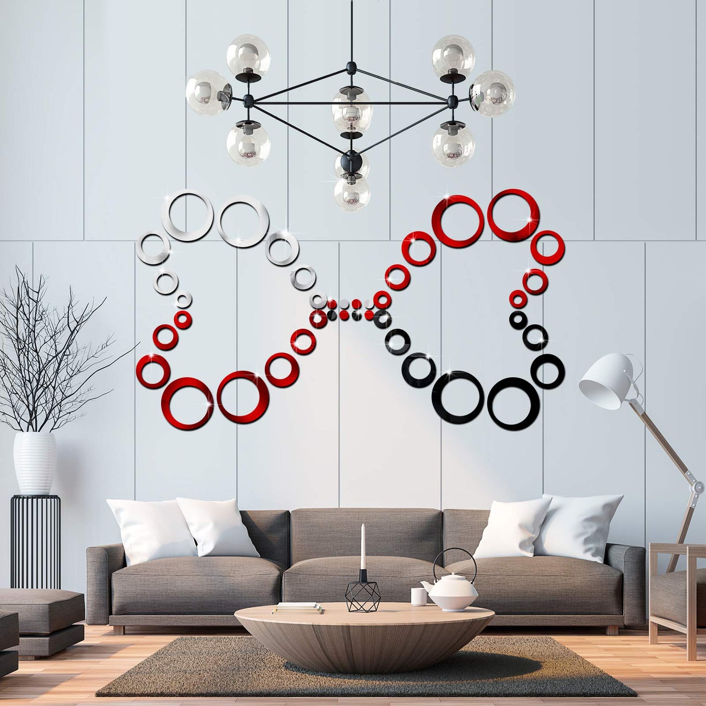 Outus 72 Pieces Wall Stickers Acrylic Circle Mirror Removable Round Dots Mirror Wall Decoration Wall Decals Murals for Home Living Room Bedroom Decor(Silver, Red, Black)