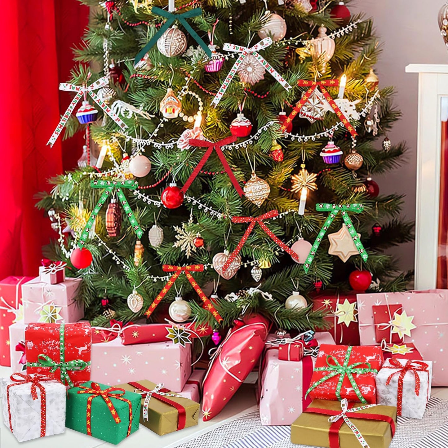 Christmas Ribbon, 6 Rolls 60 Yards Snowflakes Santa Claus Gingerbread Man Dots Ribbon for Christmas Crafts, 10mm Wide Grosgrain Ribbons for Gift Wrapping, Party, Home Decor