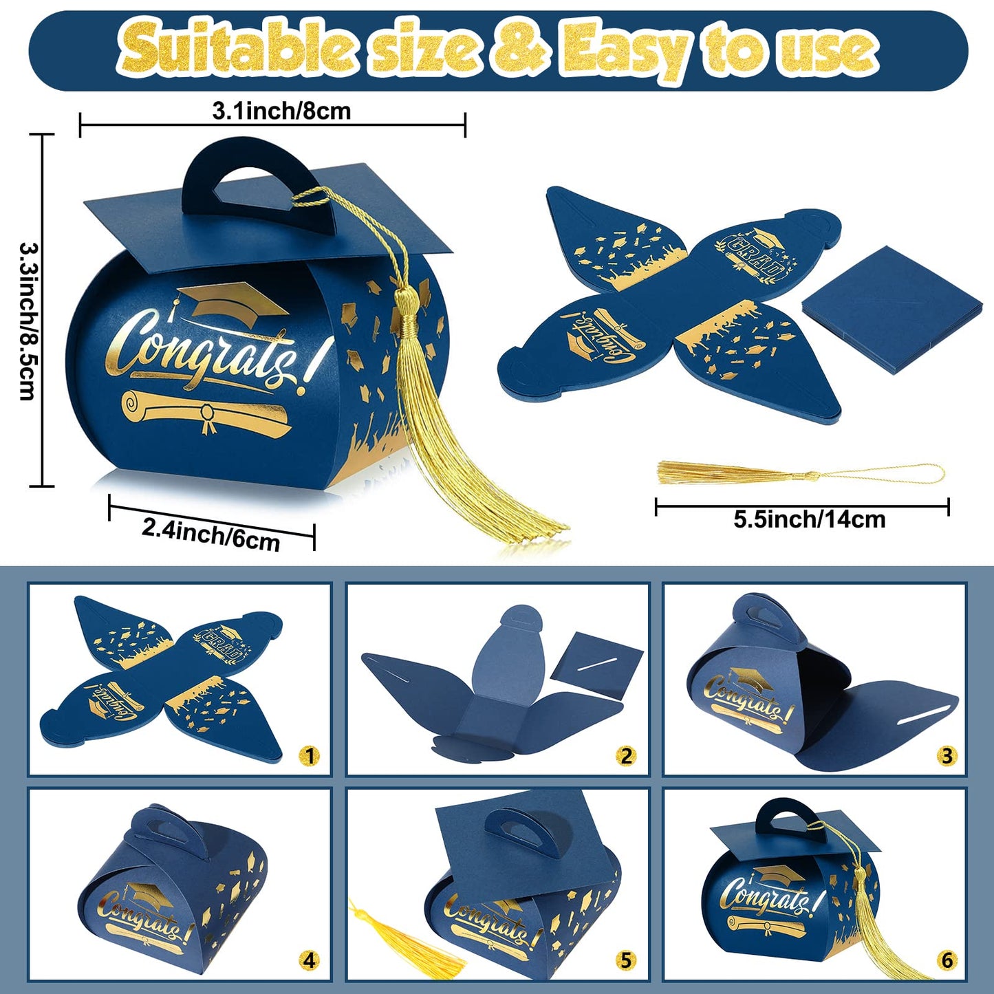 Spakon 30 Pcs Graduation Cap Gift Box Graduation Party Favors Candy Boxes Treat Box with Tassel Table Centerpieces Class of 2026 Grad Decorations(Blue, Gold)