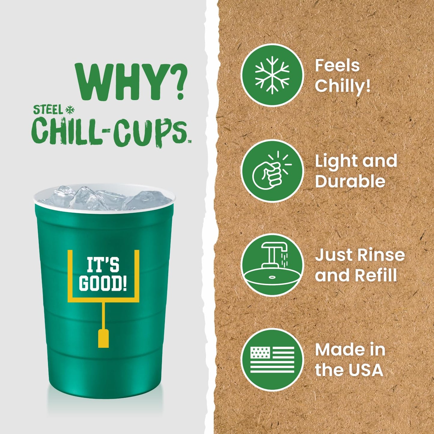 Steel Chill Cups 16 oz. Party Cup Football 'It's Good' Goal Post Design for Cold Drinks, Durable, Disposable, Recyclable, Made in USA, Green 12 Count