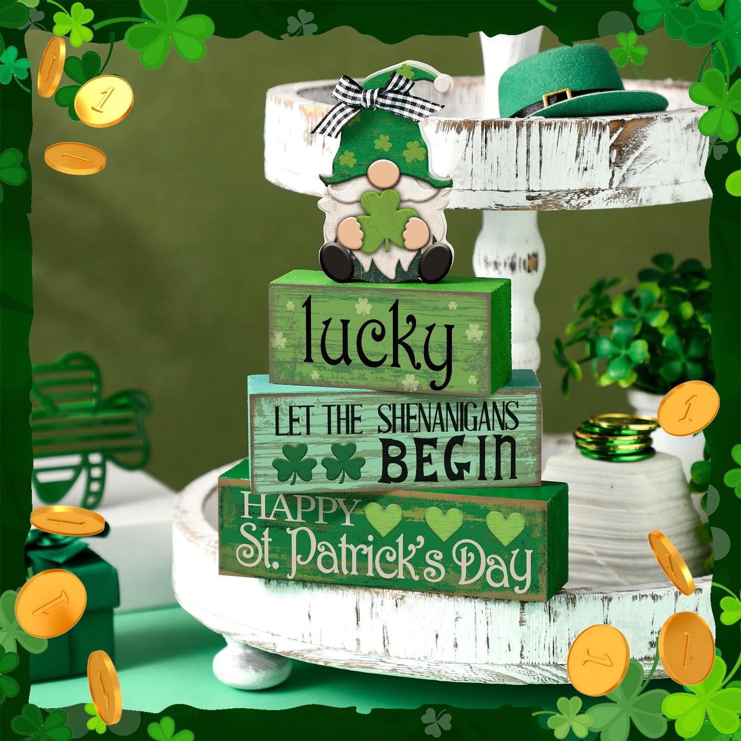 4 Pcs St. Patrick's Day Table Decoration Irish Tiered Tray Decor Wooden Gnome Shamrocks Block Signs Happy St. Patrick's Day Centerpiece for Tables Irish Wooden Sign for Home Decor