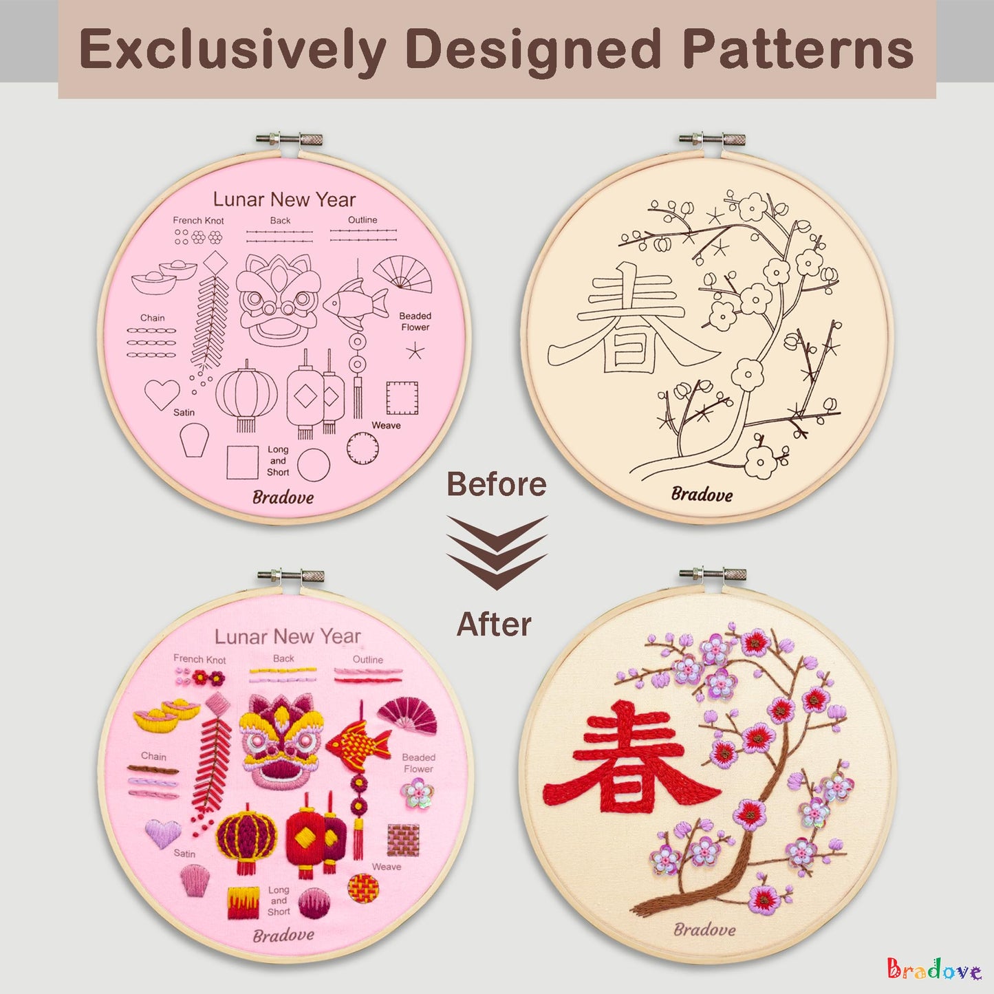 Bradove Lunar New Year Beginners Embroidery Kit for Adults Kids, Learn to Embroider Oriental Patterns, Stitches Kit, Bead Embroidery Kit, Beginner Embroidery Practice