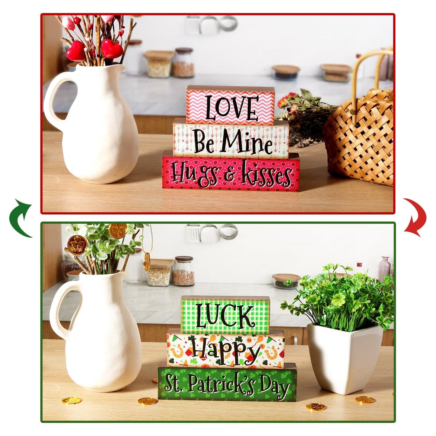 Valentines Day St. Patrick's Day Decor - Rustic Tiered Tray with Reversible Shamrock Blocks for Table & Kitchen Farmhouse Valentine Bundle