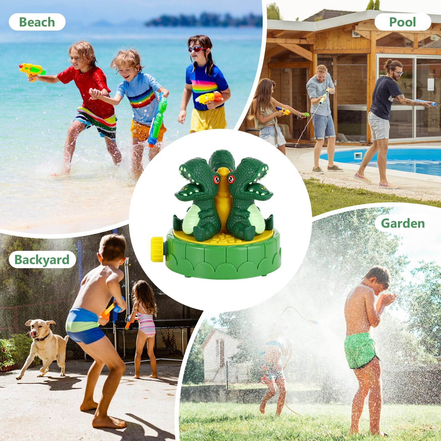 MoKo Dinosaur Sprinkler for Kids-Cute Outdoor Water Toy Spray Swimming Pool Toy with 2 Hose Clamps 3 Nozzles Fun Summer Play Water Toys for Backyard Lawn Garden Game Activities Pet Boys Girls, Green