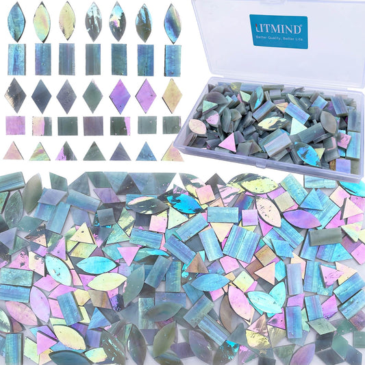 LITMIND Iridescent Ash Gray Stained Glass Mosaic Tiles for Crafts - 240 Pieces, 5 Shapes Mixed (Rectangle, Triangle, Rhombus, Square, Leaf) - Ideal for Mosaic Making Projects and Beginners