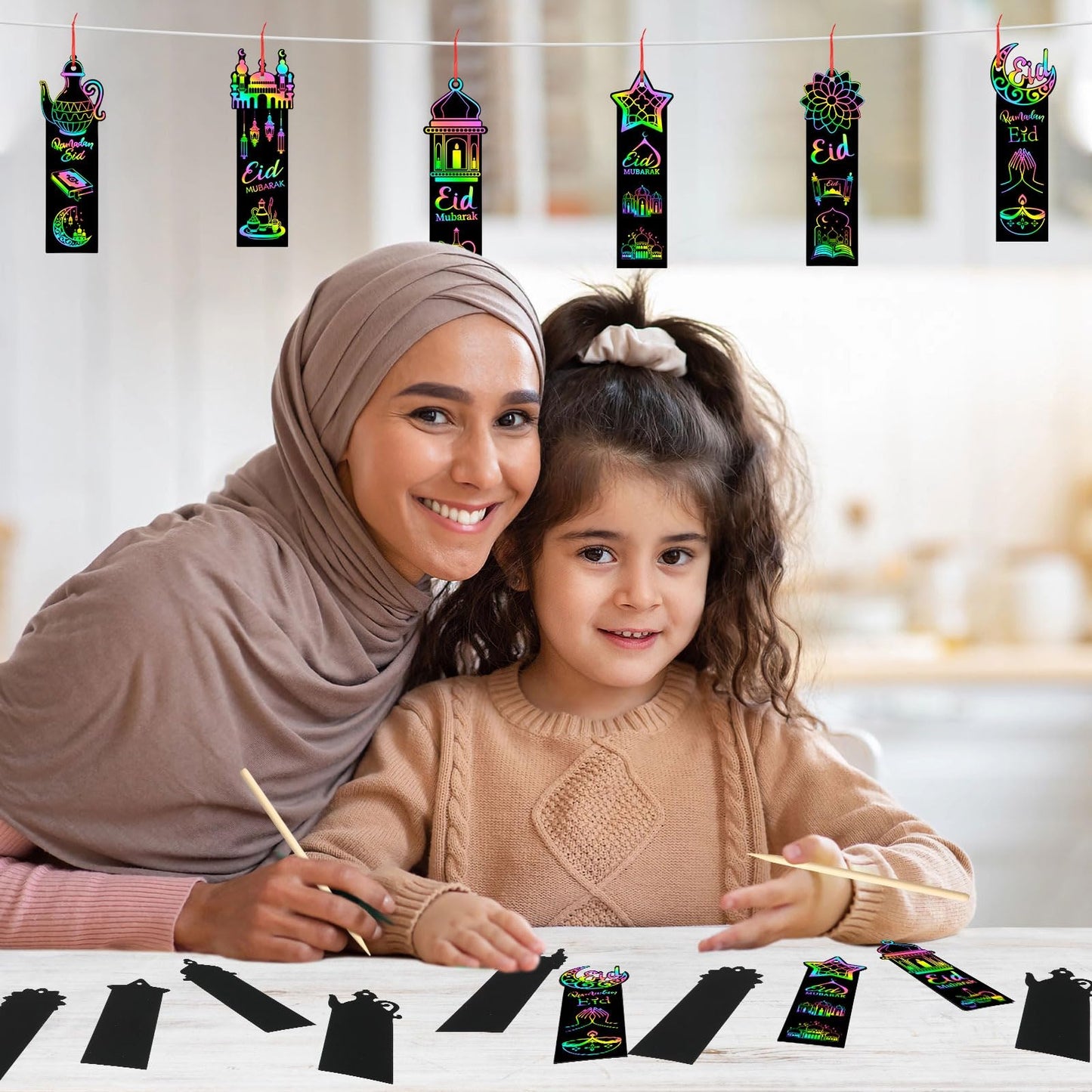 96Pcs Ramadan Crafts for Kids, Magic Rainbow Scratch Art Eid Bookmarks for Kids Ramadan Gifts Eid Activities for Kids Ramadan Arts and Crafts Eid Party Favors Hanging Ornaments