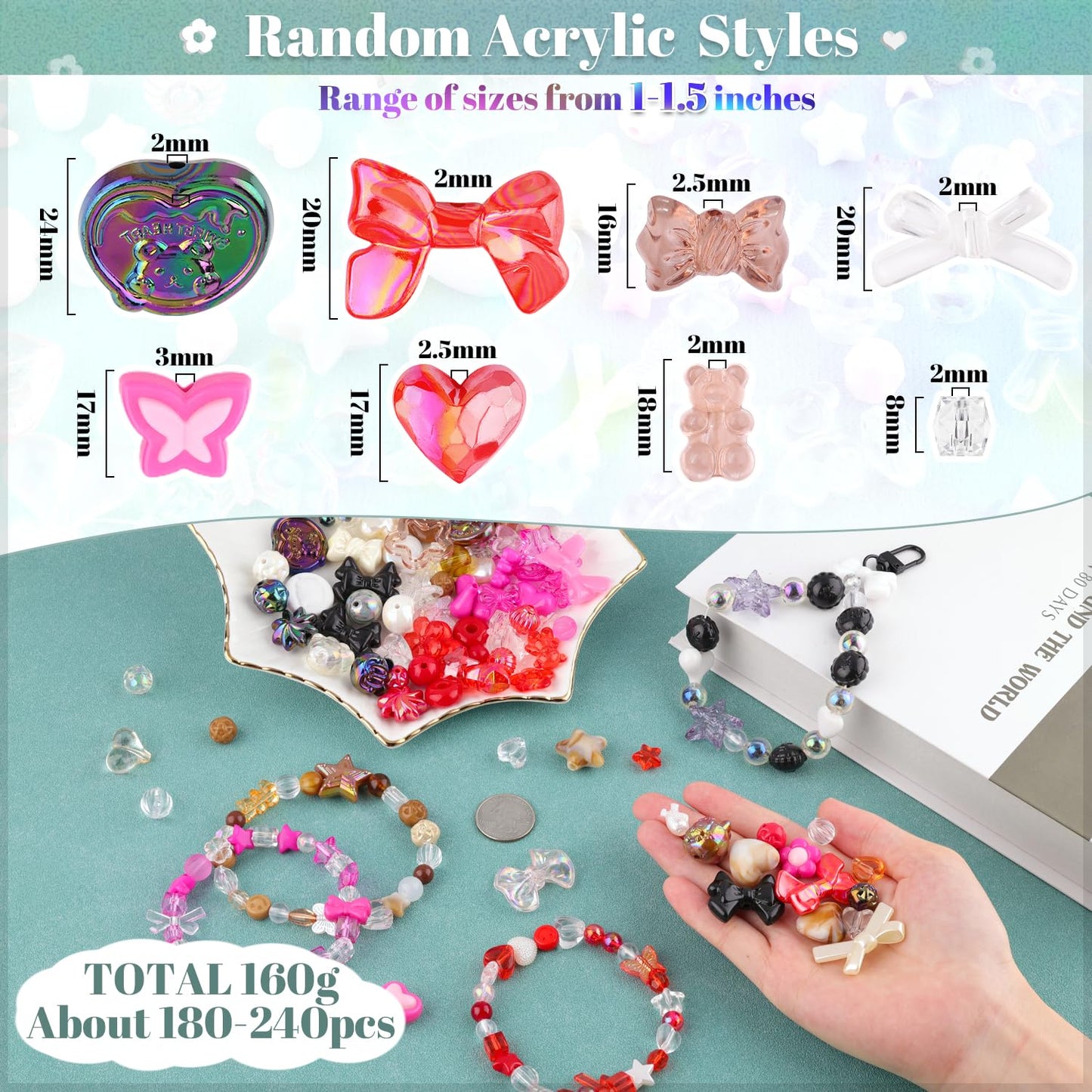 TINKRSTUFF Assorted 180-240PCS Acrylic Beads for Bracelet Making, Bow Butterfly Candy Heart Gummy Bear Kawaii Aesthetic Bracelet Charms,Cute Beads for Jewelry Making DIY Necklace Keychain Phone Charm