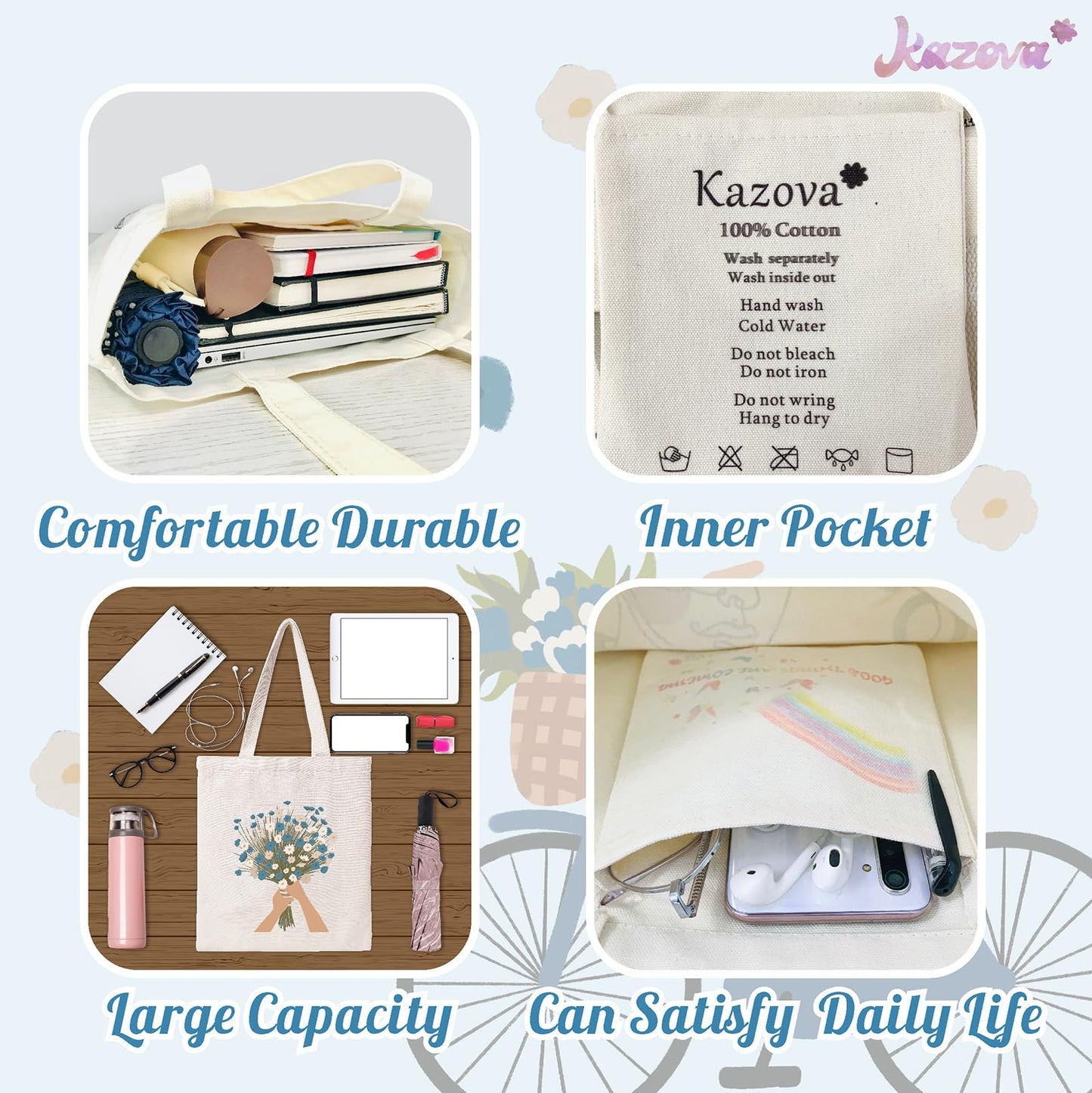 Kazova Aesthetic Flowers Cotton Canvas Tote Bag Blue Bouquet Bicycle Cloth Tote Bag Cute Cotton Tote Bag Art Canvas Tote Bag Reusable Shopping Bag for Gift