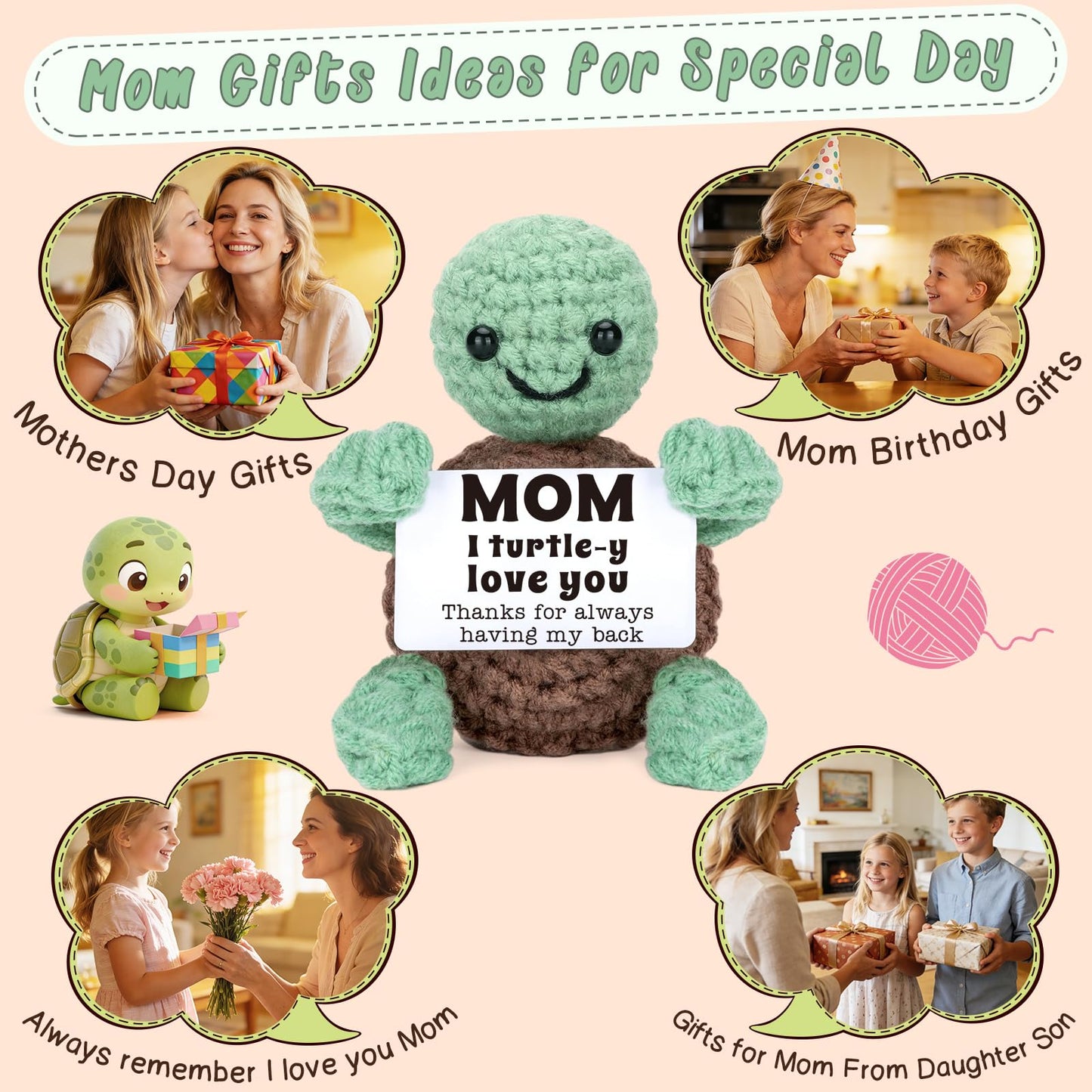 4THFARMES Mini Funny Turtle Mom Birthday Gifts from Daughter Son, Mothers Day Easter Gifts for Mom Mother Mama Presents, I Love You Small Cute Stuff Things, Handmade Emotional Positive Crochet Turtle