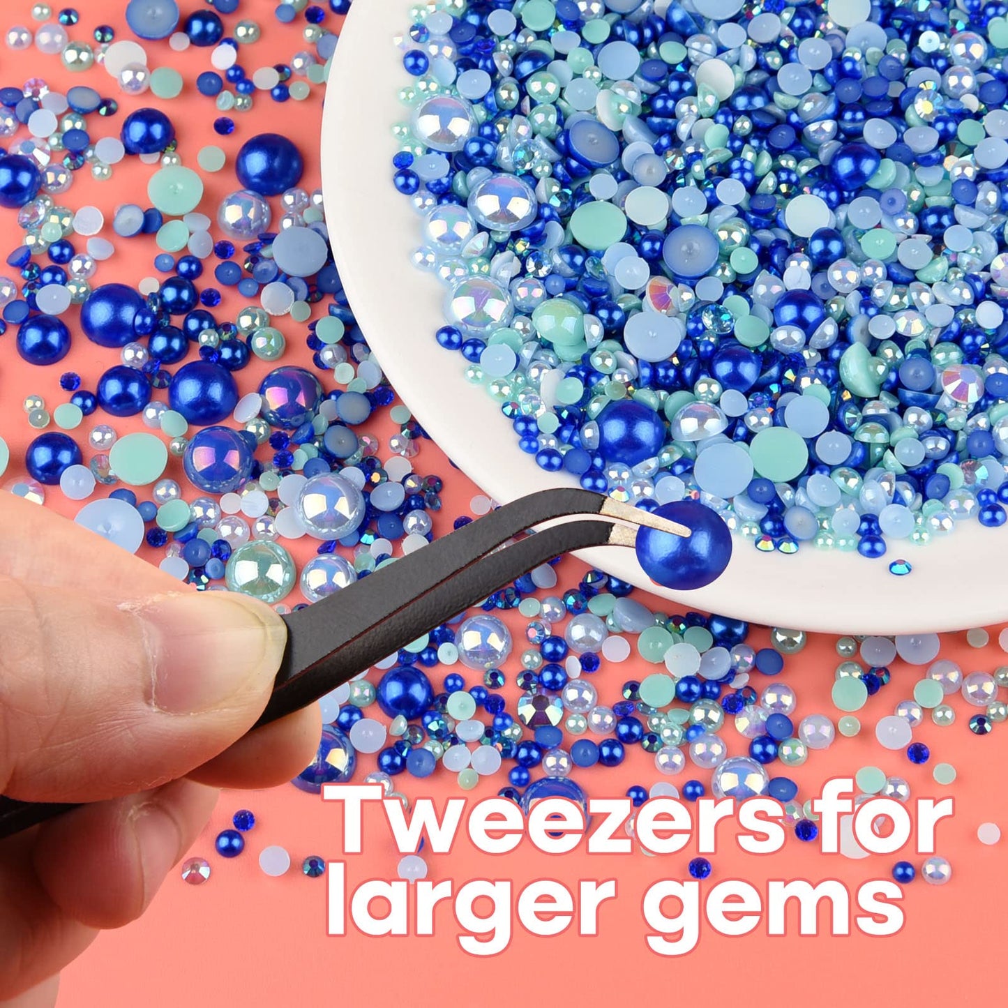 ASTARON 50g Mix Flatback Rhinestones Half Pearls for Crafts Mixed Size 3mm-10mm Flat Back Rhinestones for Crafts Flatback Pearls for DIY Tumblers Mugs Nail Art Shoes Clothes (Blue Series)