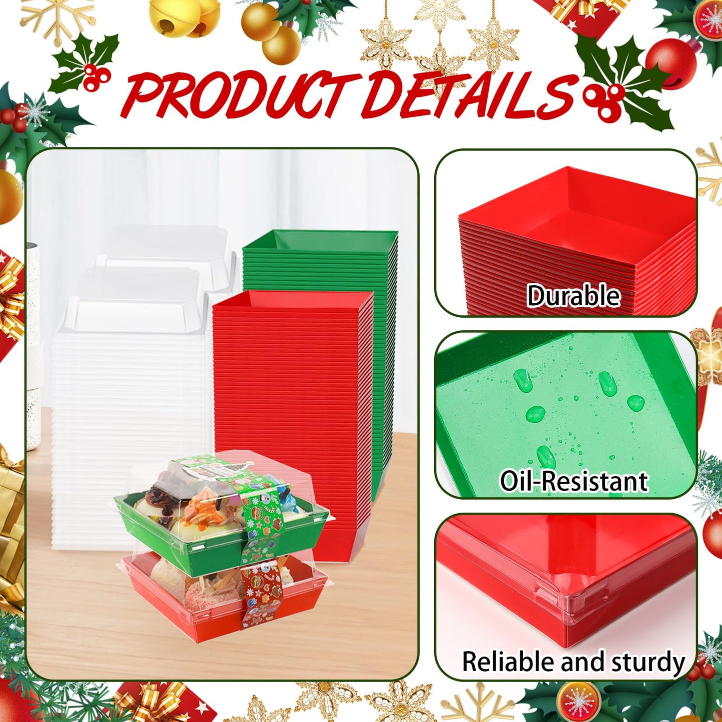 100 Pcs Christmas Charcuterie Boxes with Clear Secure Lids and 100 PCS Stickers, Disposable Christmas Paper Bakery Box Red Green Square Dessert Containers for Party Cookie Cake Sandwich