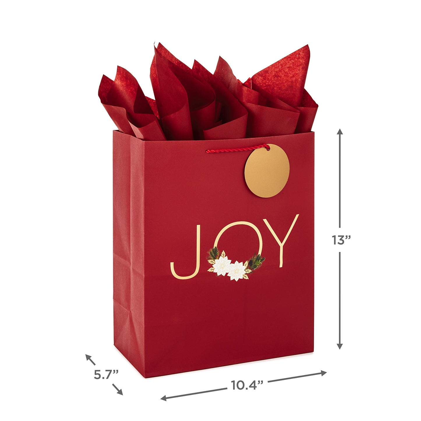 13" Large Christmas Gift Bag Assortment with Tissue Paper (3 Bags: "Merry Christmas" Wreath, Gold Joy, Snowy Red Barn) Red, White, Gold Foil