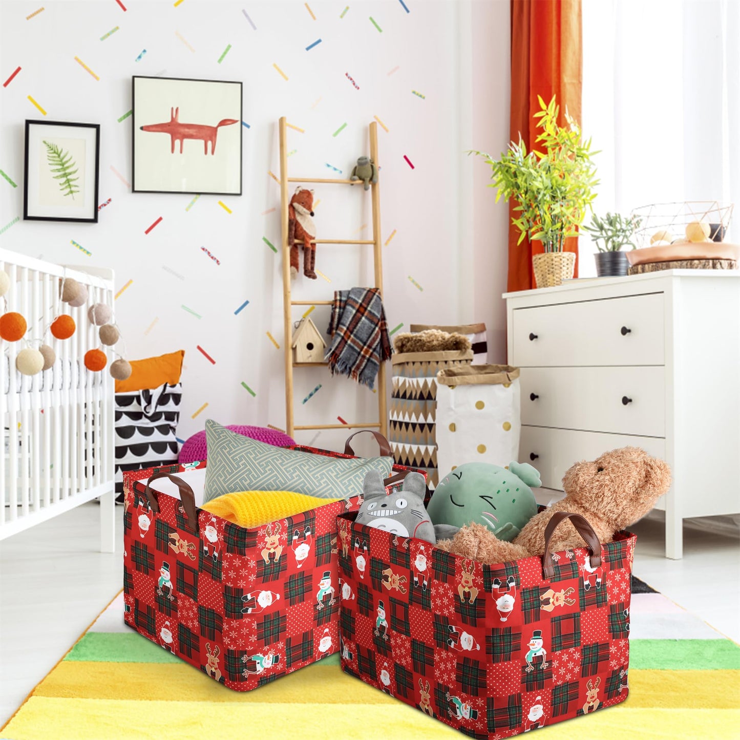 Funnewban Christmas Red Storage Bin Basket Collapsible with Leather Handles Waterproof Canvas Storage Cube Box for Closet Toys Clothes Snowman Santa Room Decor Gift Basket