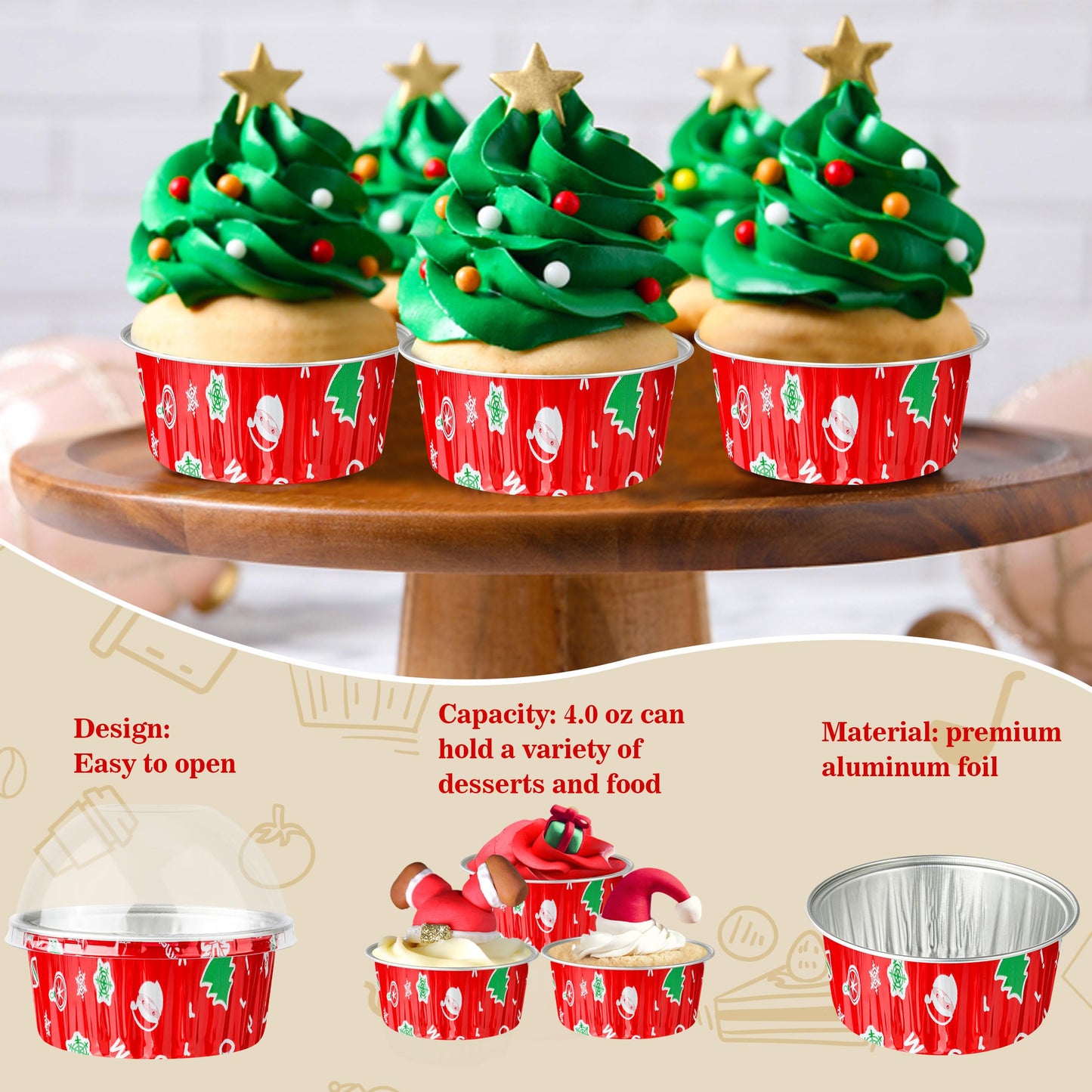 Mini Cake Pans, 50PCS 4OZ Aluminum Foil Baking Cups with Lids Disposable Ramekins Cupcake Containers Wrappers Aluminum Pans With Lids Cake Cups, Red Christmas