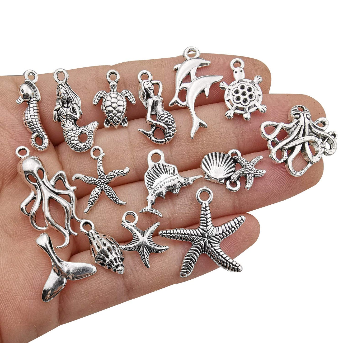 120g(100pcs) Antique Silver Sea Animals Marine Life Charms Pendants for Crafting, Jewelry Findings Making Accessory for DIY Necklace Bracelet (M292)