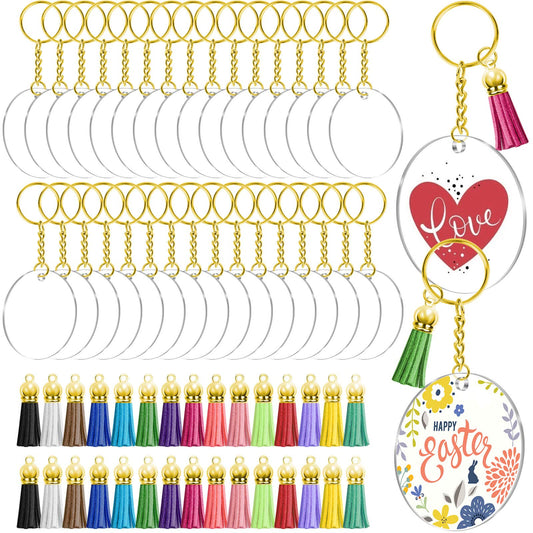 Acrylic Keychain Blanks, Audab 120pcs Blank Keychains for Vinyl Kit Including 30pcs Acrylic Discs, 30pcs keychain Tassels, 30pcs Gold Key chain Rings and 30pcs Jump Rings for DIY Keychain, Vinyl Craft
