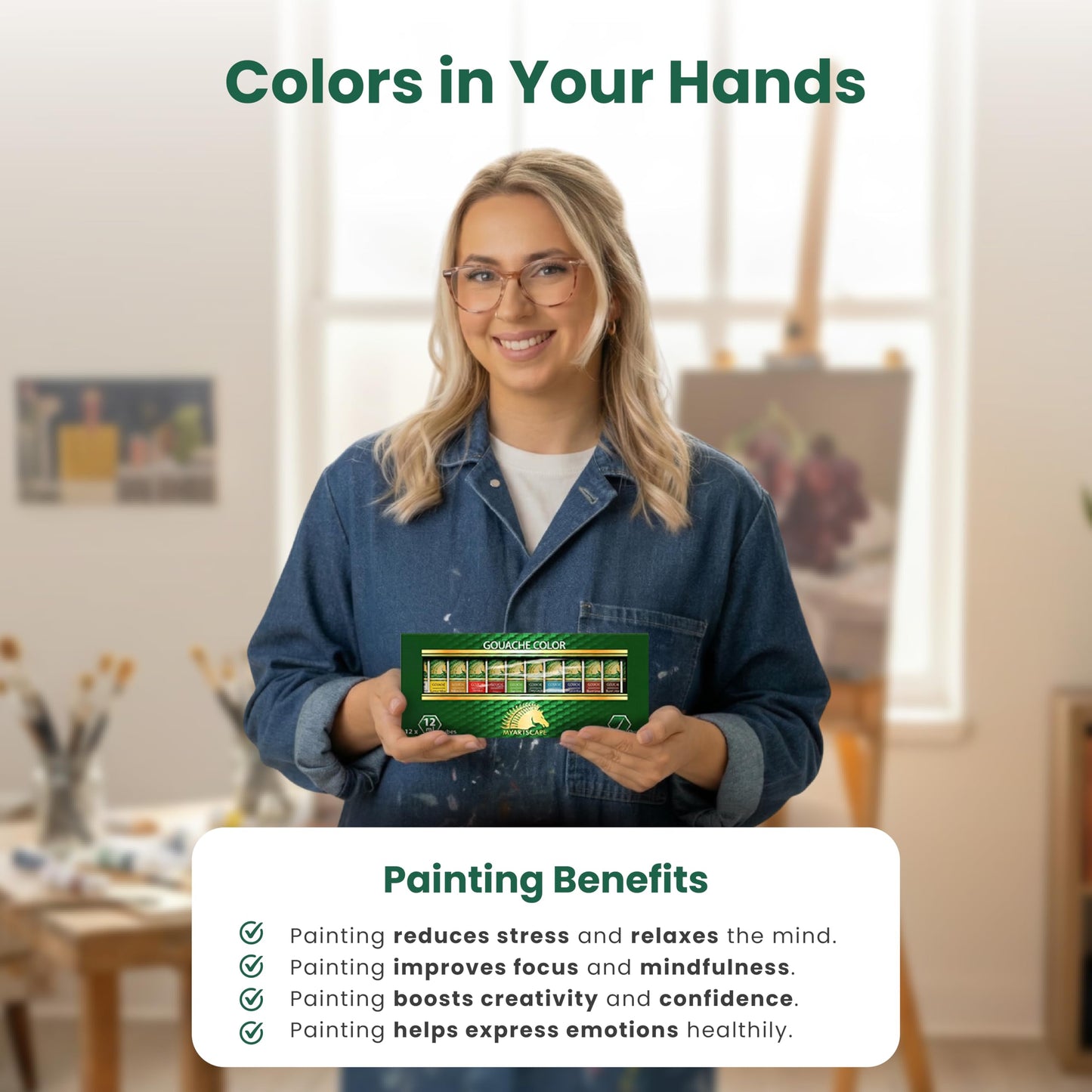 MyArtscape Gouache Paint Set, 12 Colors, 12 x 0.4 fl oz (12 ml) Tubes, Artist Quality High Pigment Matte Rewettable Gouache Paints for Canvas, Illustration & Professional Art
