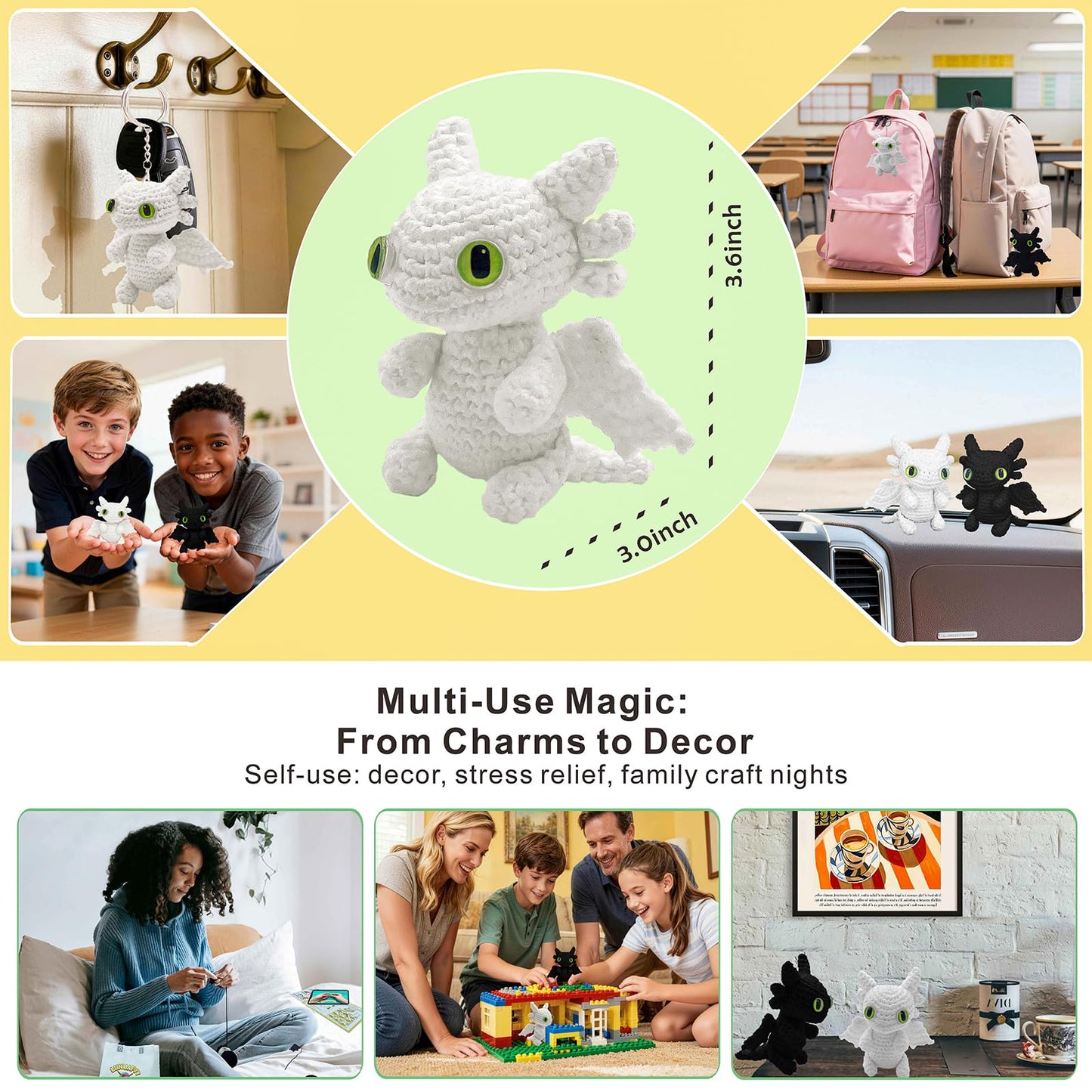LuNuaFvy Crochet Kit for Beginners Adults & 12+ Kids – Complete Starter Kit to Make 2 Amigurumi Dragons with Left/Right-Hand Video Tutorial (4hr), 3-Way Animal Patterns, Gift & Storage Bags