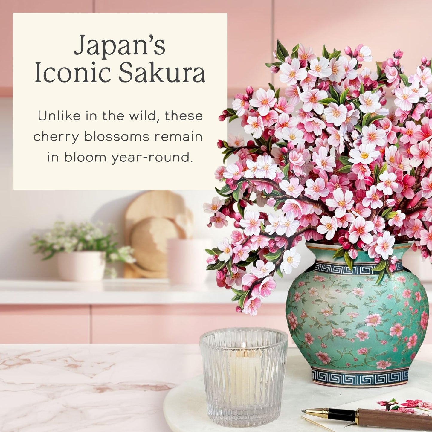 Freshcut Paper Japanese Cherry Blossoms 12 Inch Life-Sized 3D Pop Up Card – Greeting Card, Birthday, Mothers Day, Thank You, Gifts for Mom and Her – Includes Notecard and Envelope