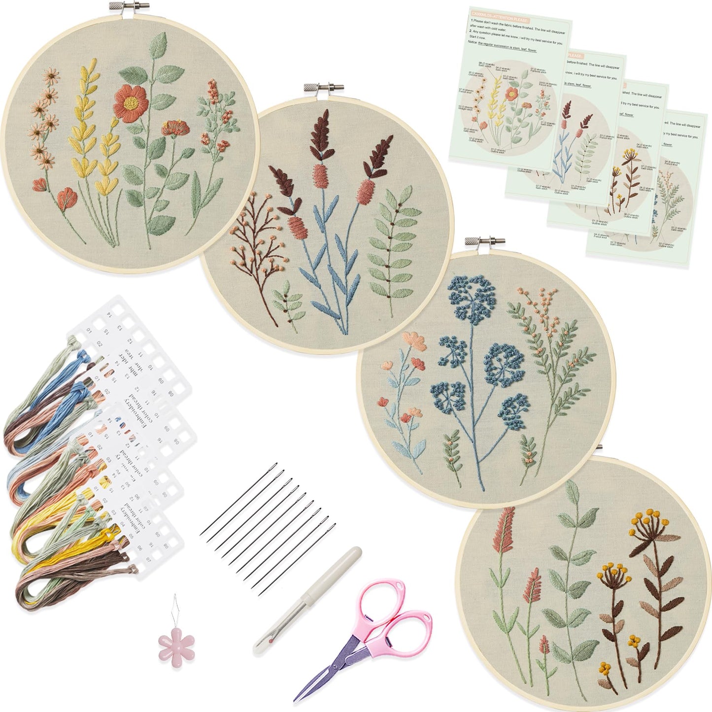 4 Sets Embroidery Kit for Beginners, Art Craft Handy Sewing Include Embroidery Clothes with Pattern, Instructions,Color Threads Needle Kit (Multi 5)
