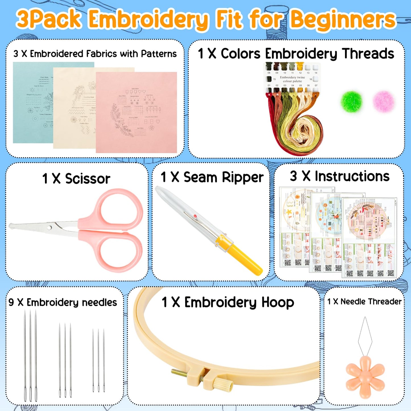 3 Sets Embroidery Kit for Beginners, Embroidery Kit for Adults with Follow Instruction, Cross Stitch Kits with Wooden Embroidery Hoops (Stlye B)