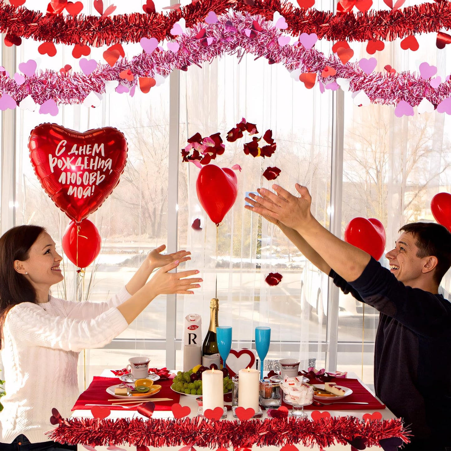 66 Feet Valentine Tinsel Garland Decoration 2 Pack Hanging Metallic Red Pink Heart Garland for Mantle Wedding Festival Valentine's Day Indoor Outdoor Decor