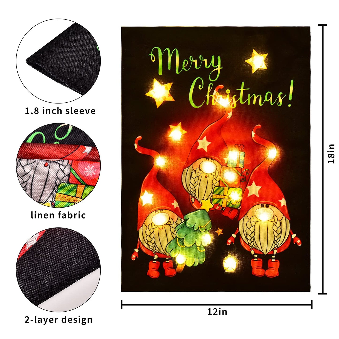 JUSHEN Merry Christmas LED Garden Flag, Lighted Red Gnome Flag, Vertical Christmas Flag for Outdoor Yard Garden Lawn Decoration(12x18 Inch)