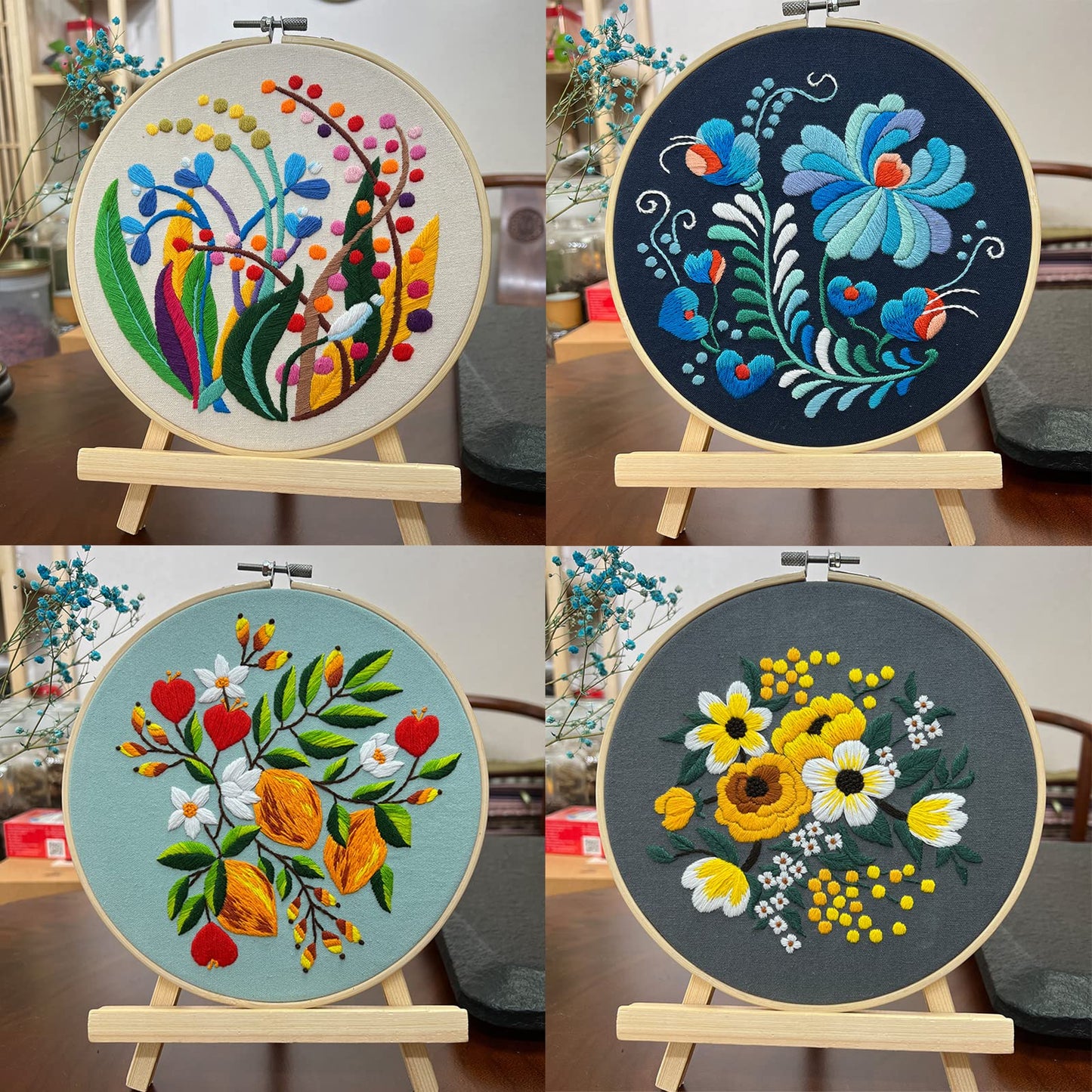 Picoey Modern Flower Heart Embroidery Kit for Beginners with Pattern and Instructions,4 Pack Cross Stitch Kits,2 Wooden Embroidery Hoops,Threads and Needles,Needlepoint Kit for Adults