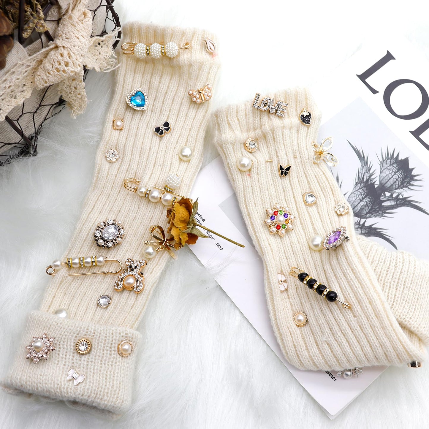 65Pcs Charms for Socks Safety Pin Brooch junk socks charms Brooches and Pins for Women Junk Socks Charms Pins Safety Pin Charms for Socks Pearl Rhinestone Brooch Pins Buttons Shoe Sock Charms Kit