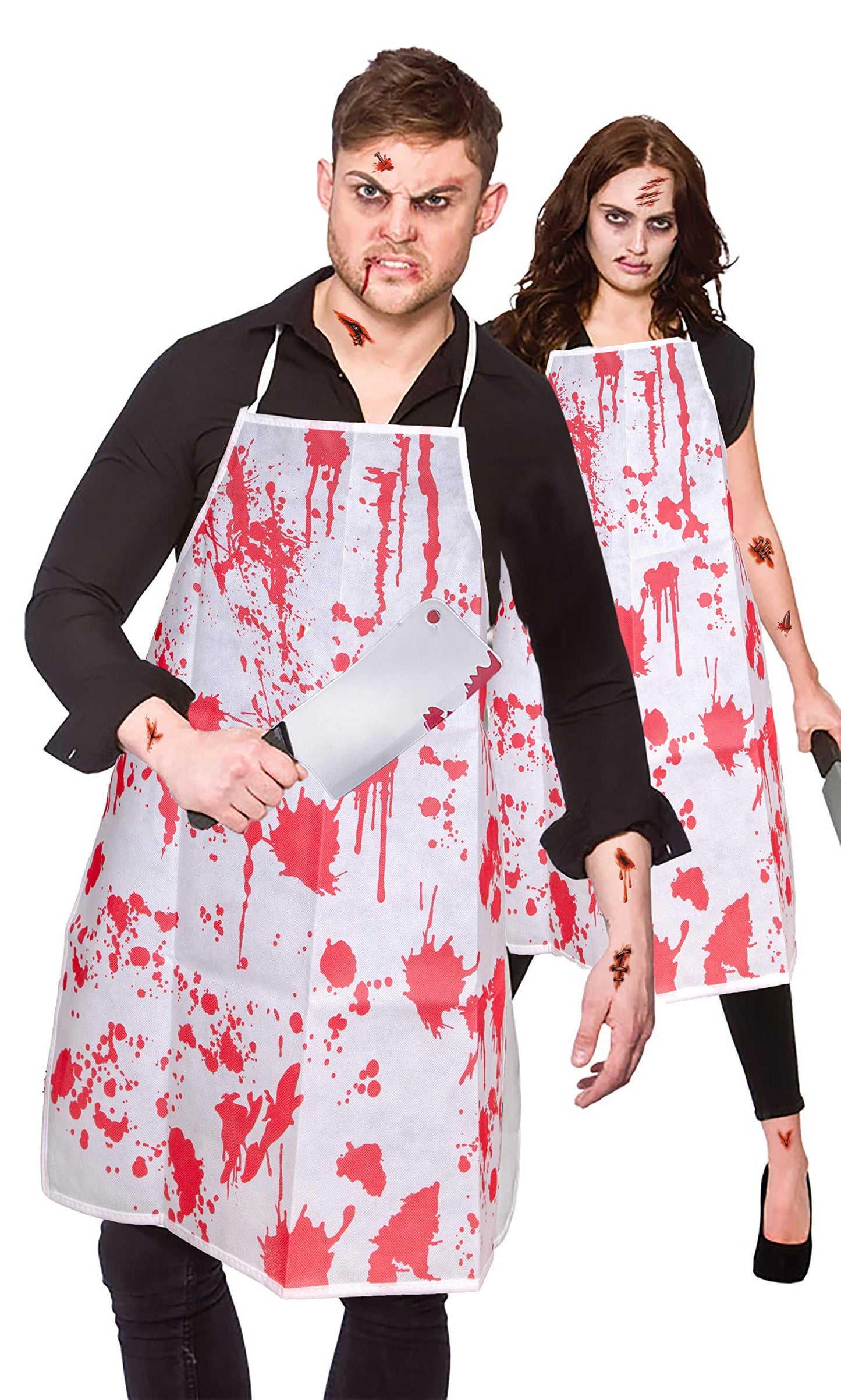 13Pieces Halloween Bloody Butcher Costumes Scary Set - Cooking Chef Apron Hat Weapon Knife Tattoo Stickers Zombie Party Accessories Decorations