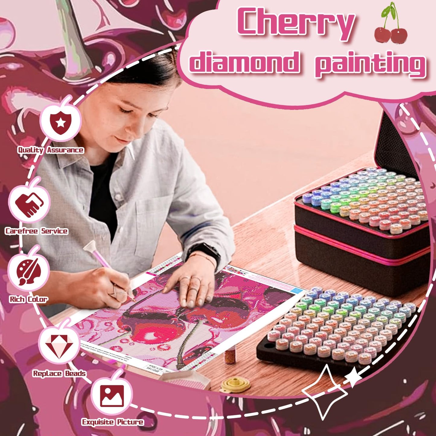 AIBOERL Cherry Diamond Art Kits for Adults,Cherry 5D Diamond Painting Kits for Adults Beginners,DIY Full Round Drill Diamond Dot Painting Gem Art Kits for Adult, Home Wall Decor 12x16Inch