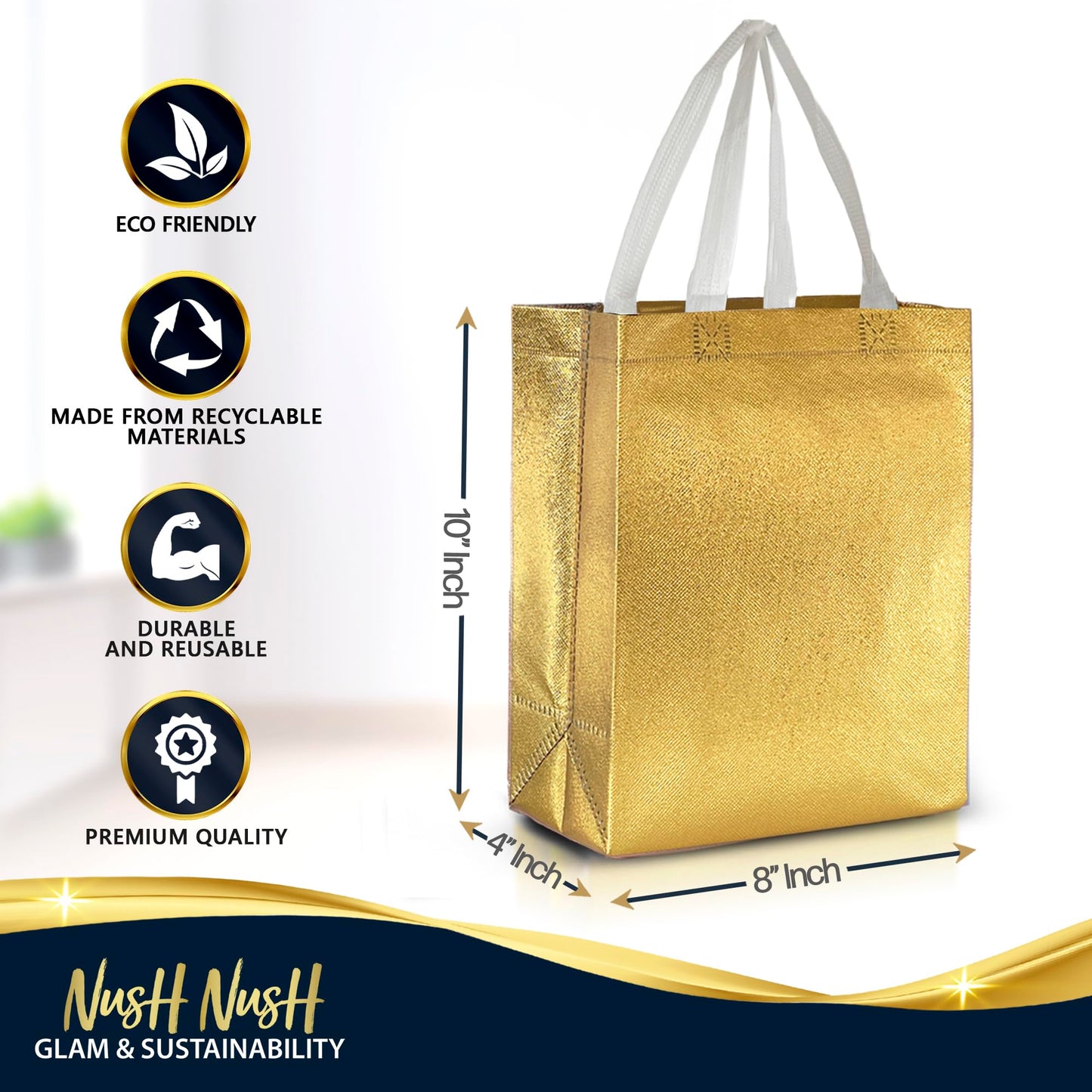 Gold Gift Bags Medium Size – Set of 12 Reusable Gold Gift Bags With Handles - Perfect Party Favor Bag for Christmas Holidays, Wedding, Bachelorette Party Favors and Goodies – 8W x 4D x 10H