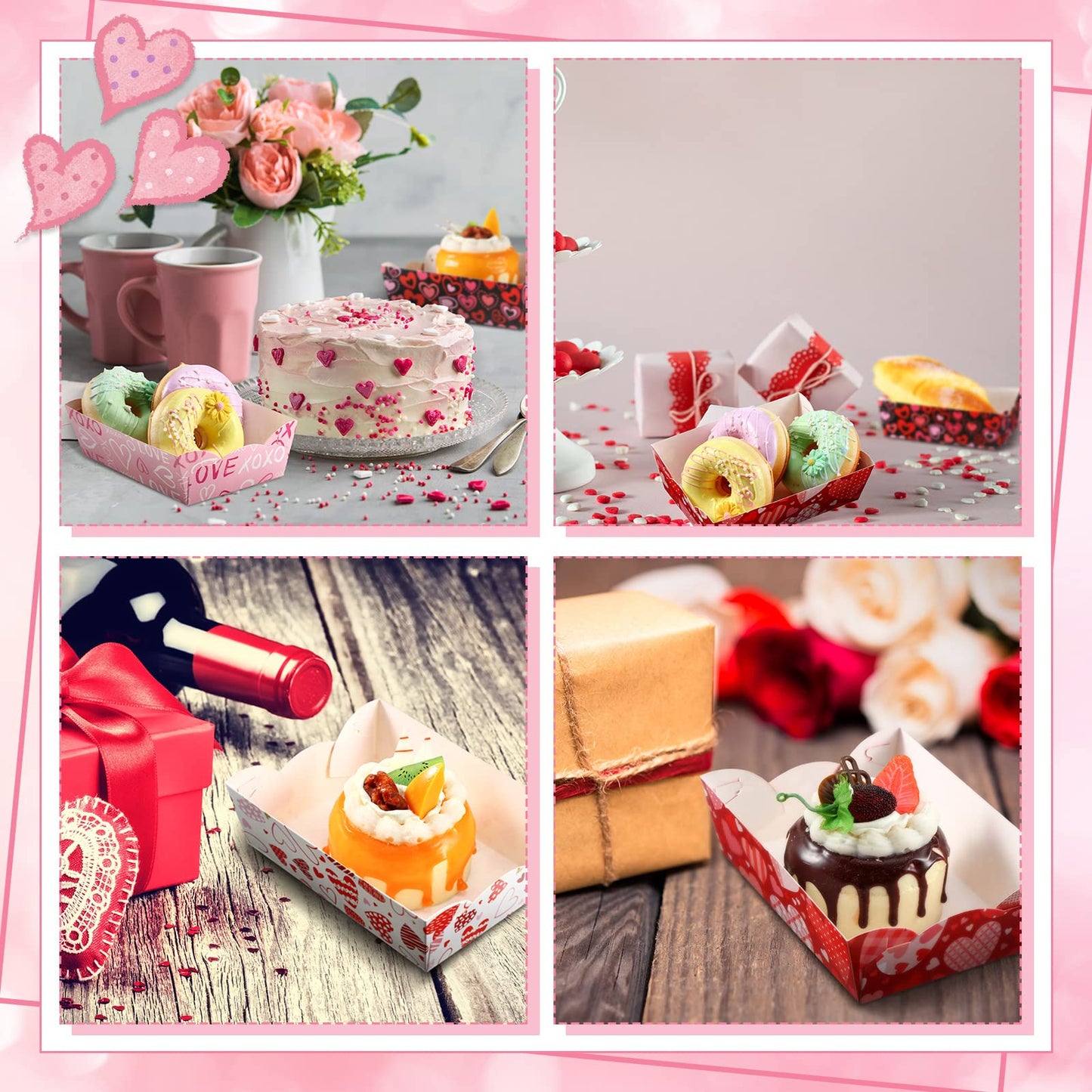 60 Pcs Valentines Food Tray Party Supplies Paper Disposable Food Plates Galentines Decoration Pink Heart Love Paper Tray for Valentine Mother's Day Wedding Birthday Party Supplies