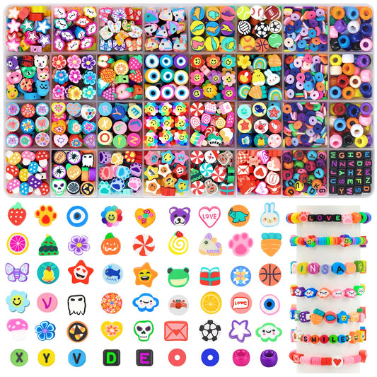 DULEFUN 1060pcs Polymer Clay Beads Charms Kits 28 Styles Cute Fun Clay Beads Charms Flower Butterfly Heart Letter Pony Beads Charms for Women Girls Bracelet Necklace Earring Making
