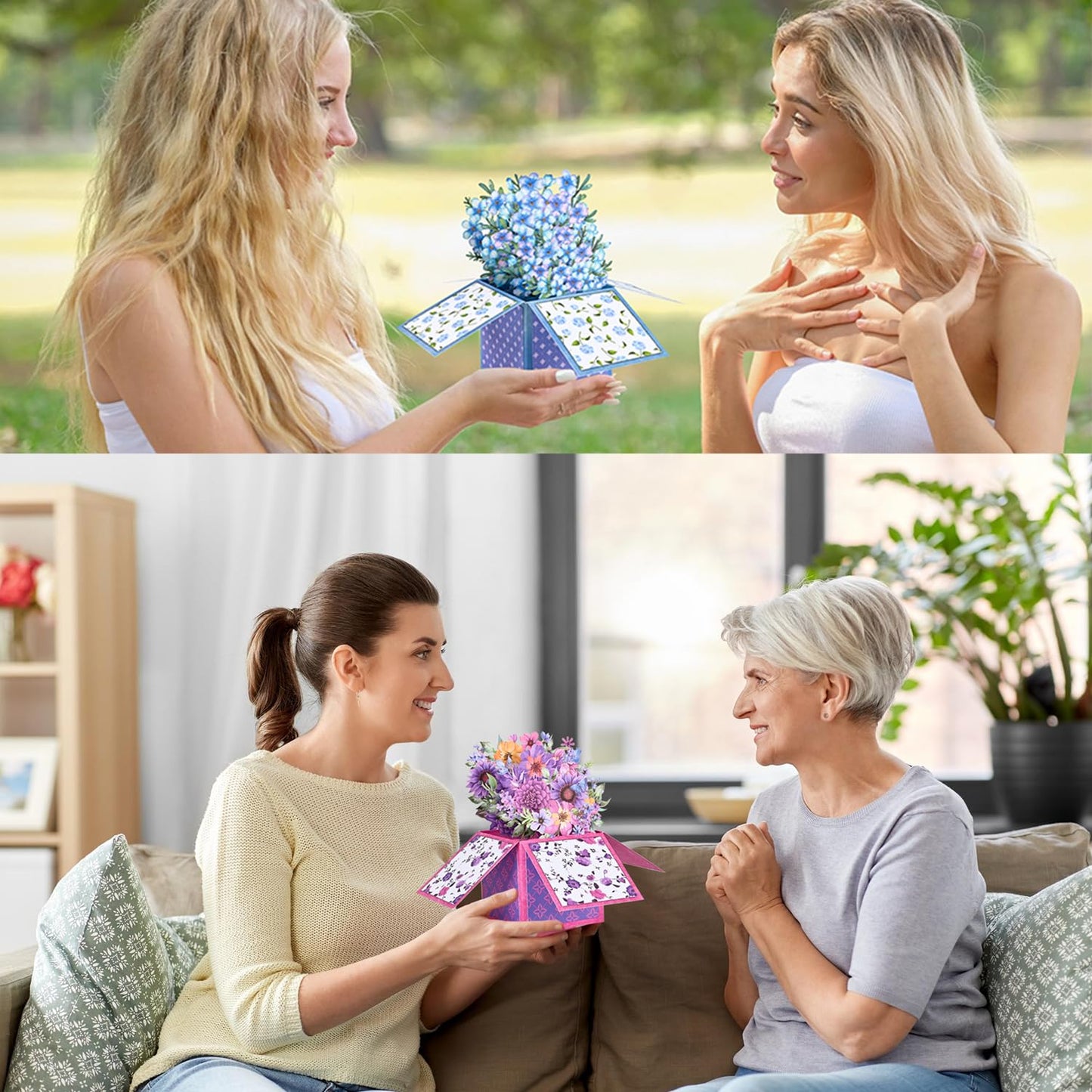 Giiffu 4 Pack Pop Up Flower Bouquet Cards, 3D Flower Pop Up Card with Envelope & Note, Mothers Day Pop Up Cards for Mom, Birthday Cards for Women, Paper Flower Bouquet, Get Well & Thank You Cards