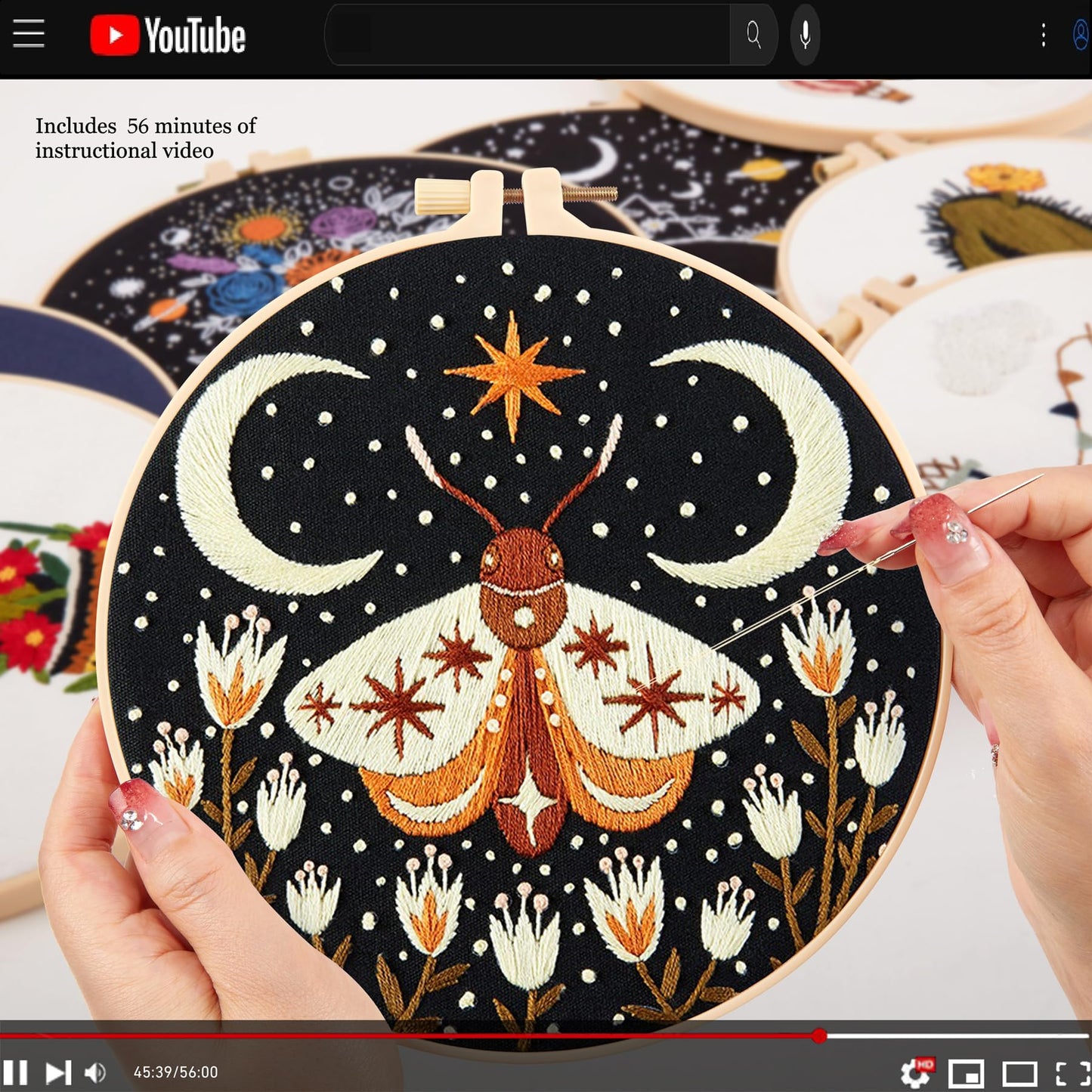 Hand Embroidery Starter Kits for Beginners Adults, Counted Stamped Cross Stitch Kit for Beginners Adults, Embroidery Needlepoint Kit with Moth Flower Pattern, 3 Hoops (Attached Teaching Video QR Code)