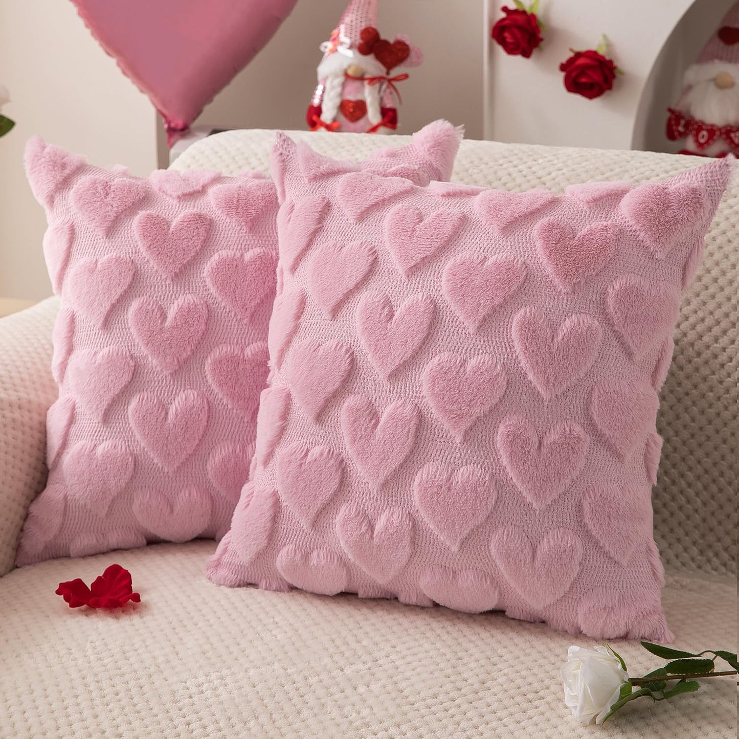Valentines Pillow Covers 18x18 inch Set of 2 Valentines Day Decoration Pink Heart Soft Plush Faux Fur Jacquard Throw Pillows for Bedroom Sofa Holiday Festivals Home Decor PTK017B18