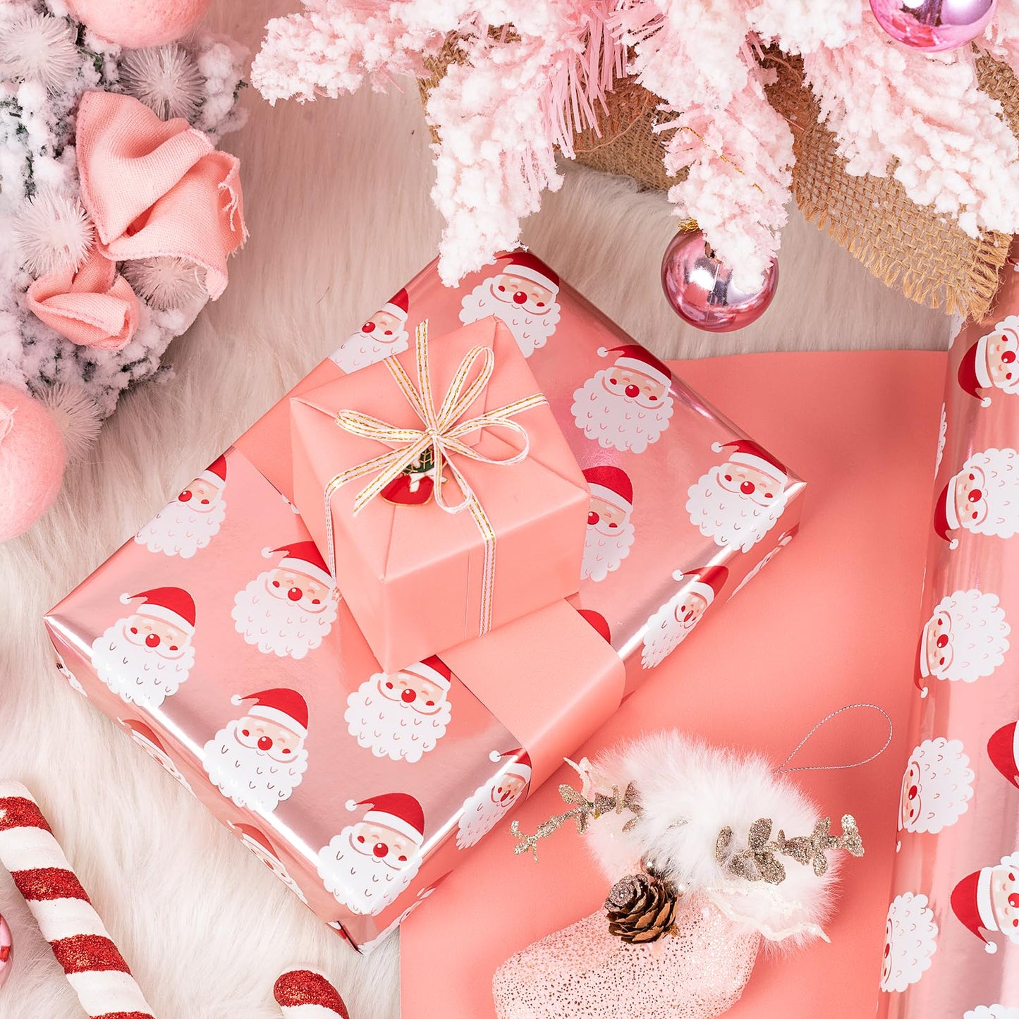 Reversible Christmas Wrapping Paper - Mini Roll - 17 Inch x 33 Feet - Santa Claus Wrapping Paper and Solid Rose Gold Design with Metallic Foil Shine for Chrsitmas, Holiday, Party