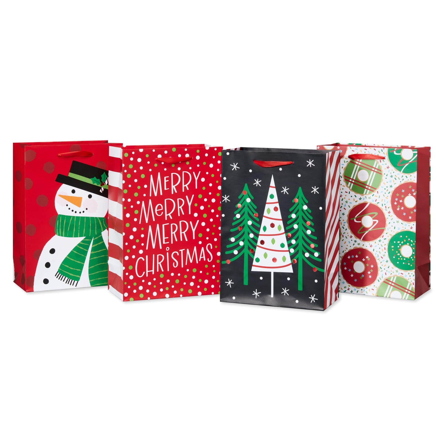 10" Medium Christmas Gift Bags, Red, White, Green and Black Winter Designs (4 Bags)
